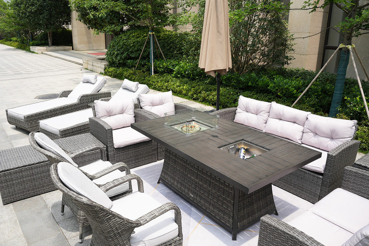 Twelve Piece Outdoor Gray Wicker Multiple Chairs Seating Group Fire Pit Included with White Cushions-5