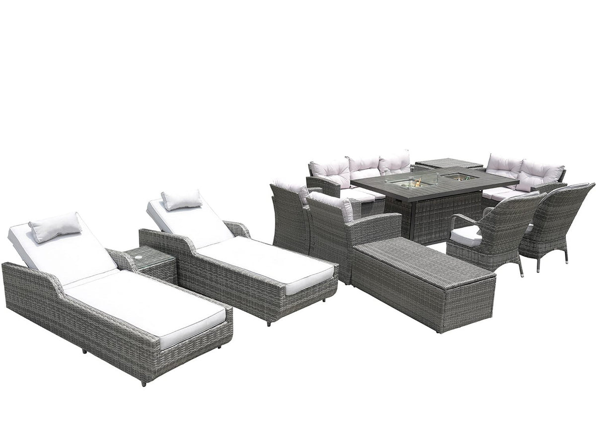 Twelve Piece Outdoor Gray Wicker Multiple Chairs Seating Group Fire Pit Included with White Cushions-6