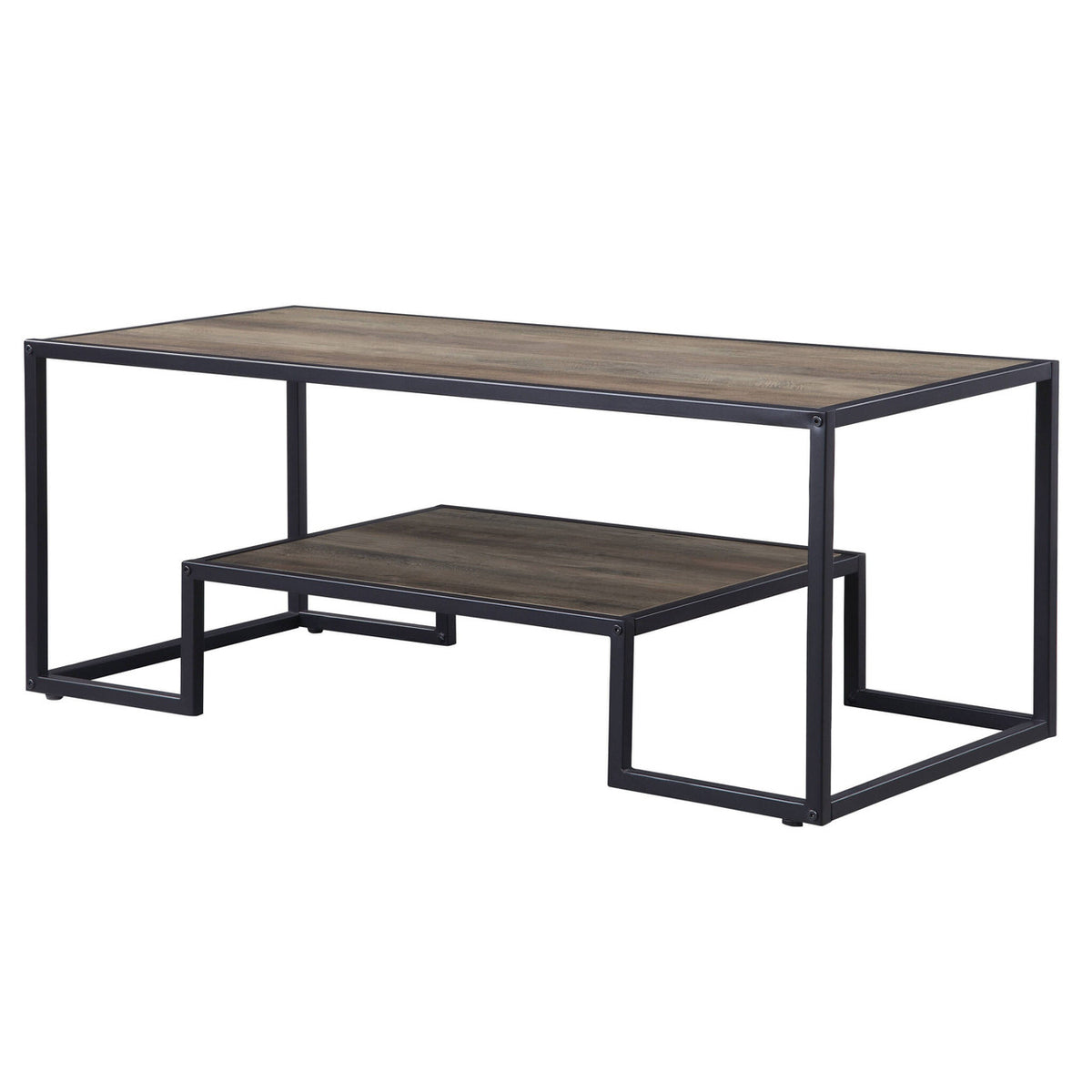 45" Black And Rustic Oak Paper Veneer And Metal Rectangular Coffee Table With Shelf-0