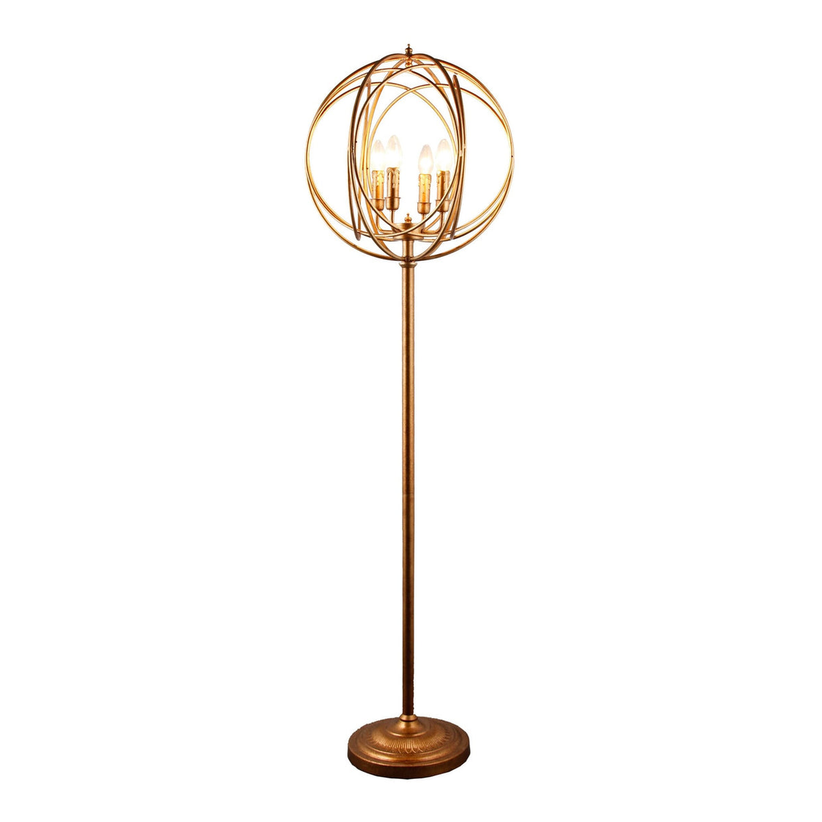64" Gold Four Light  Floor Lamp With Modern Gold Geometric Globe Shade-0