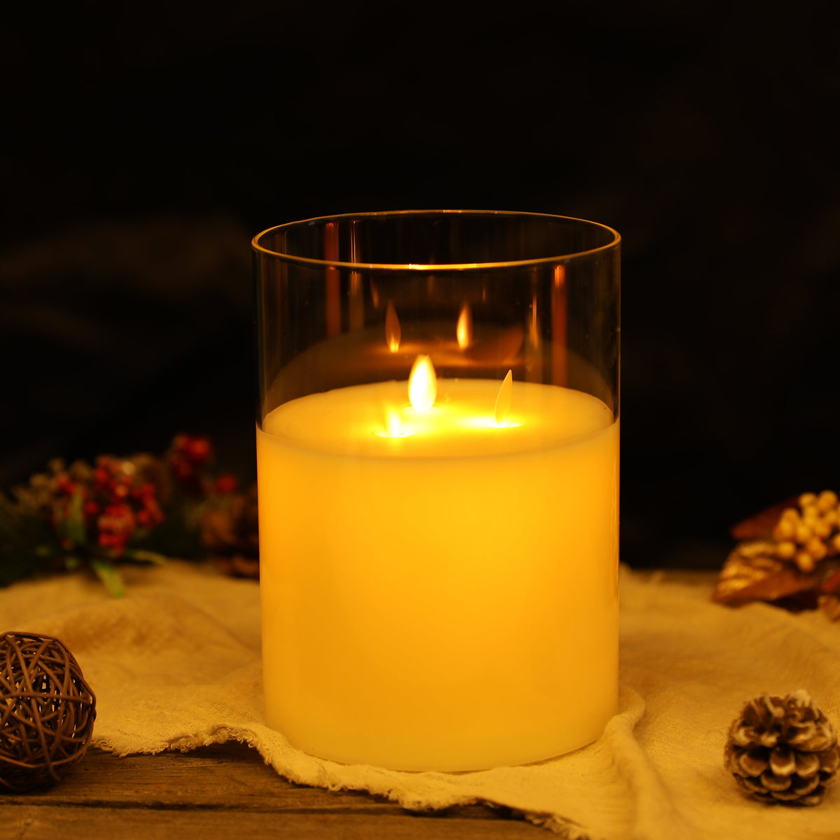 8''High 3-Wick Glass Battery Operated  Flameless Candles White-2