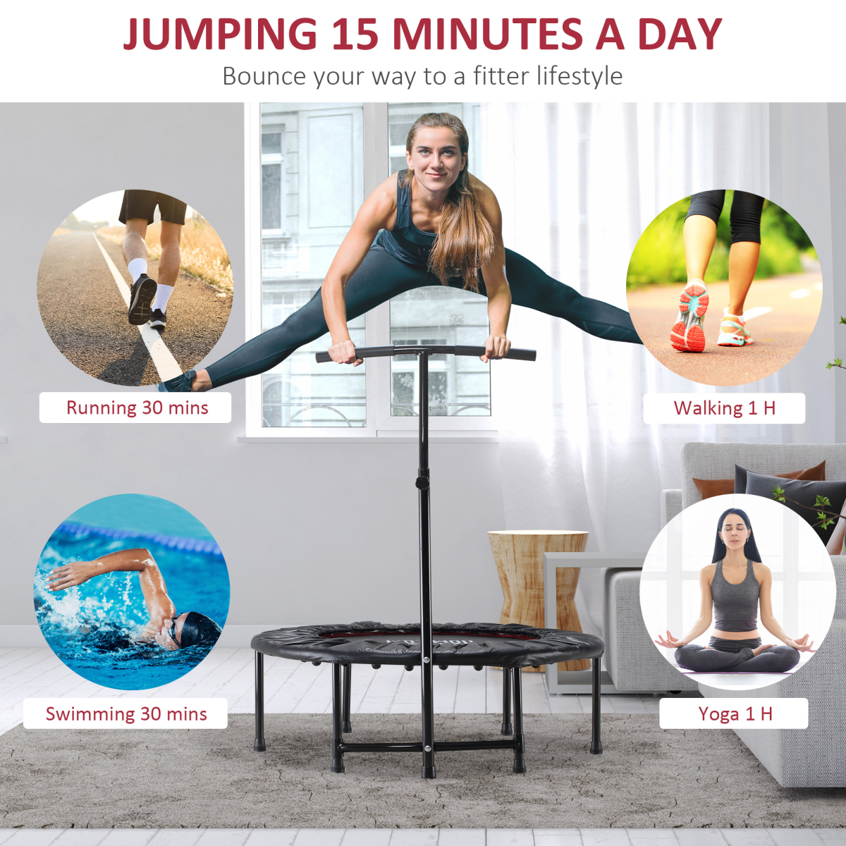 40'' Kids Mini Trampoline, Adult Rebounder Jumper with Handle Fitness