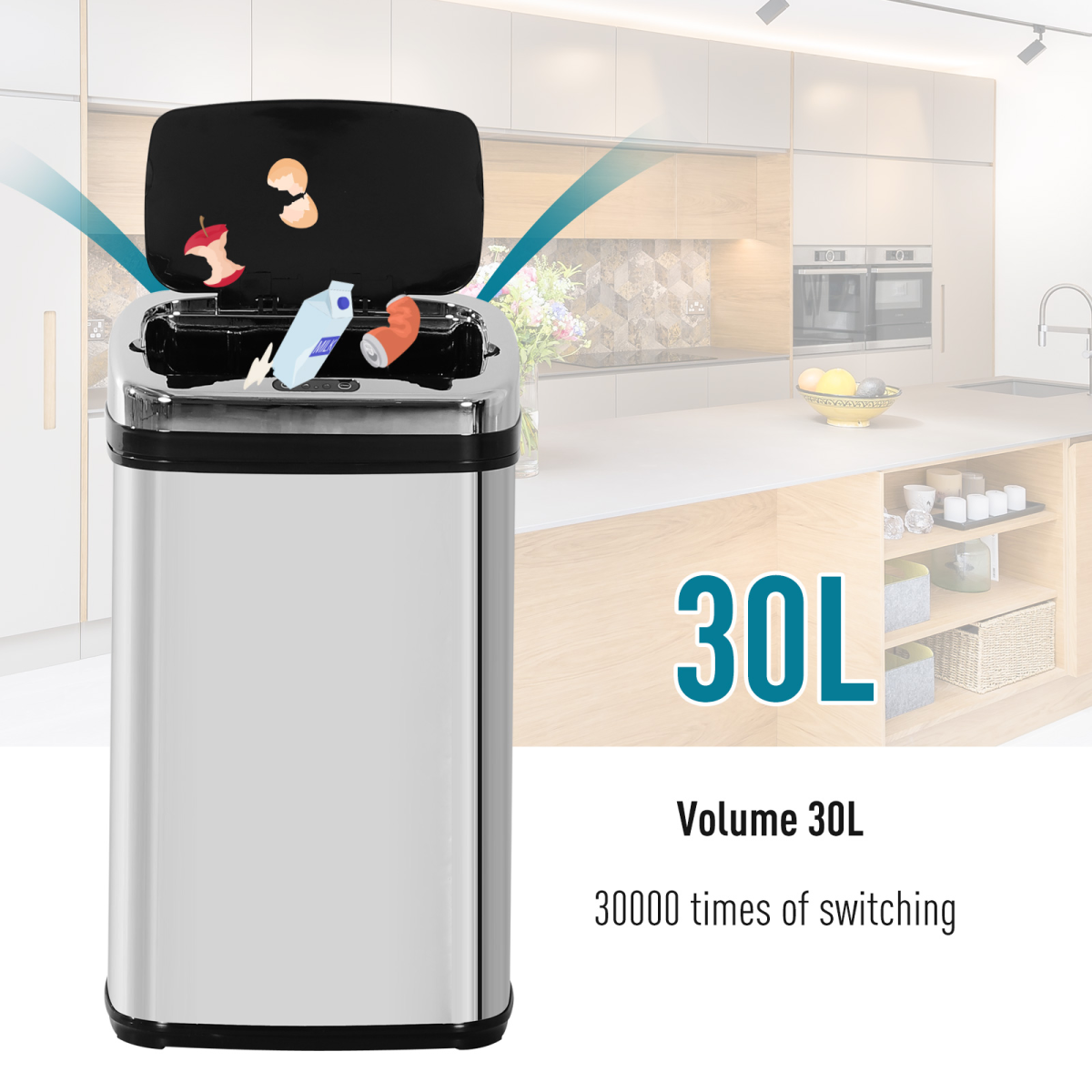 30L Automatic Kitchen Bin with Lid and Infrared Motion Sensor Silver