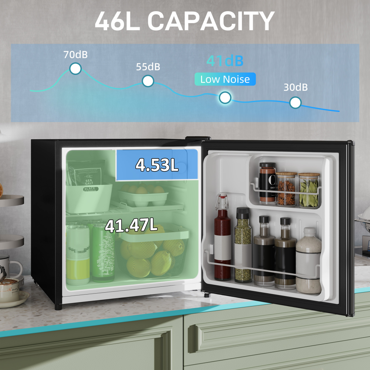 46L Counter Top Fridge with Chiller Box Mini Fridge for Bedrooms Black