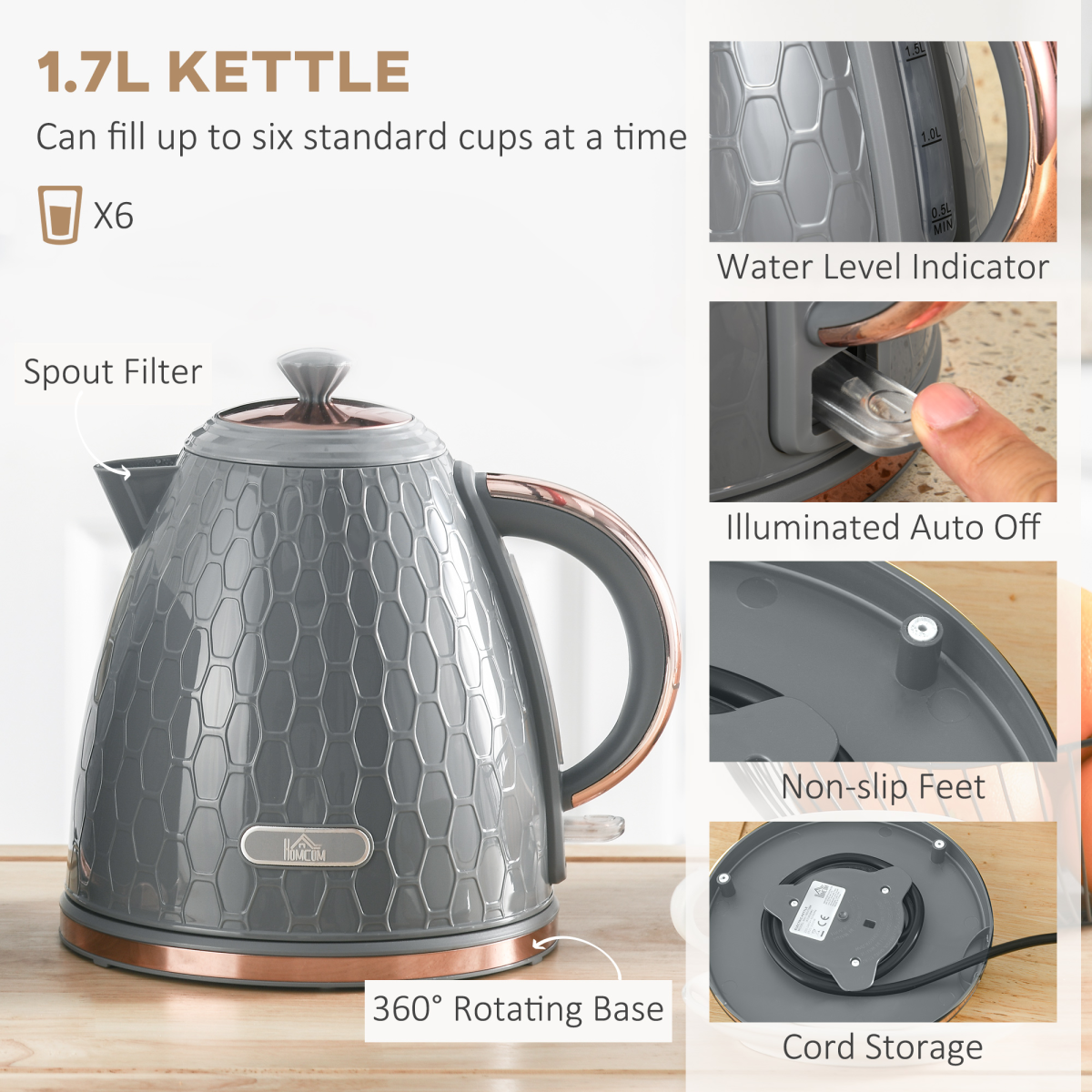 Kettle and Toaster Set 1.7L Fast Boil Kettle and 2 Slice Toaster Set Grey