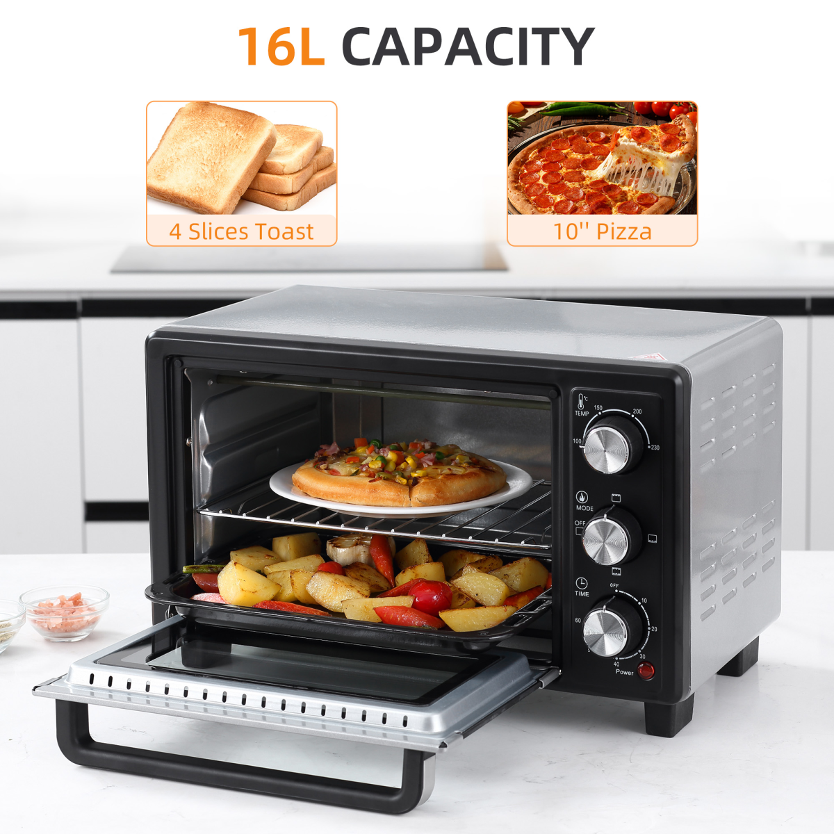 Mini Oven, 16L Grill, Toaster Oven Timer 1400W Grill
