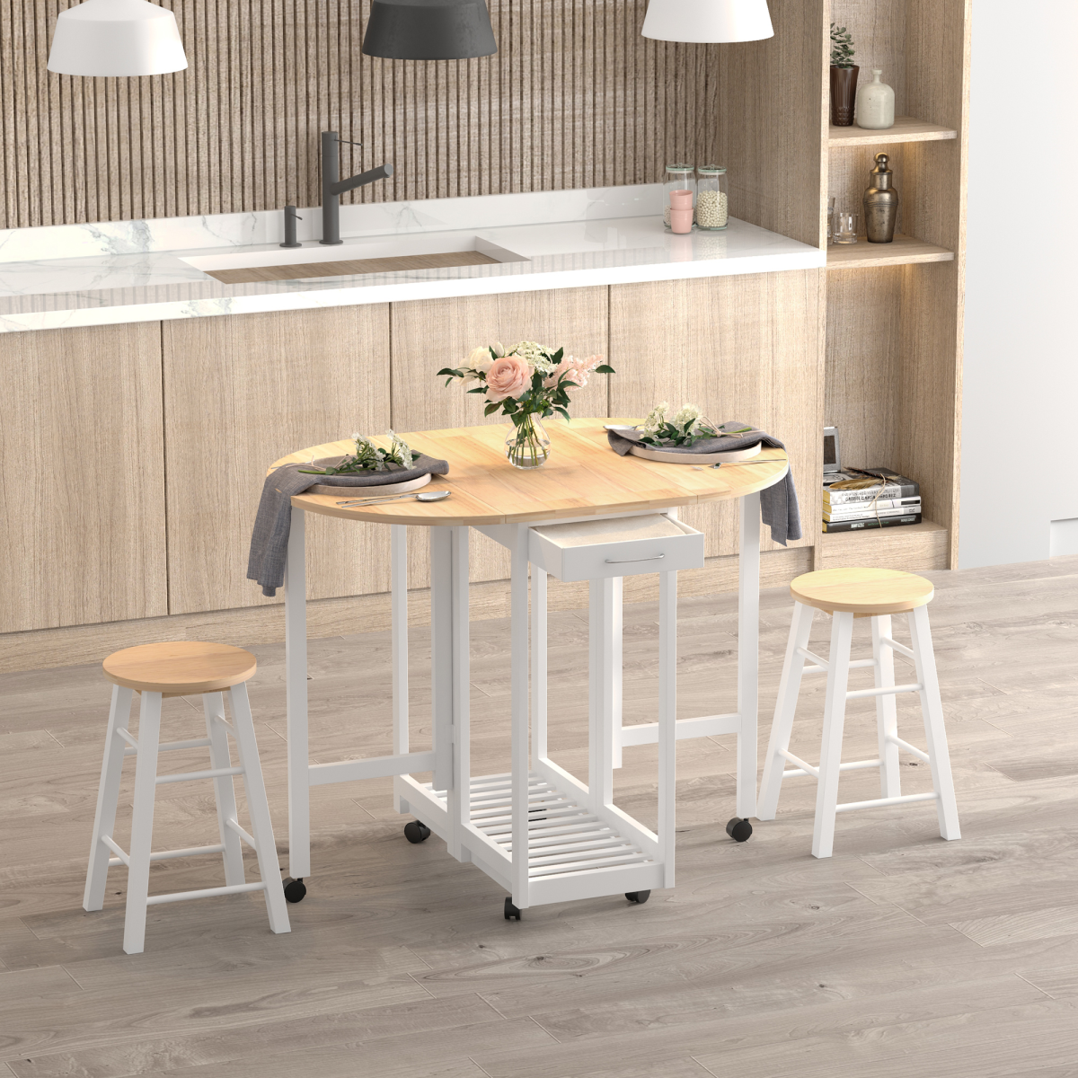 3pc Wooden Kitchen Cart Mobile Rolling Trolley Folding Stools Wheels