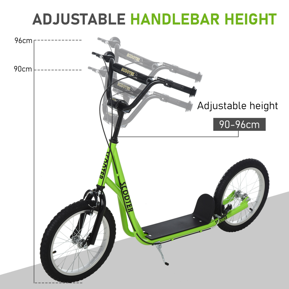 Homcom 90-96cm Kids Kick Scooter Adjustable Handlebar Inflatable Wheels Green