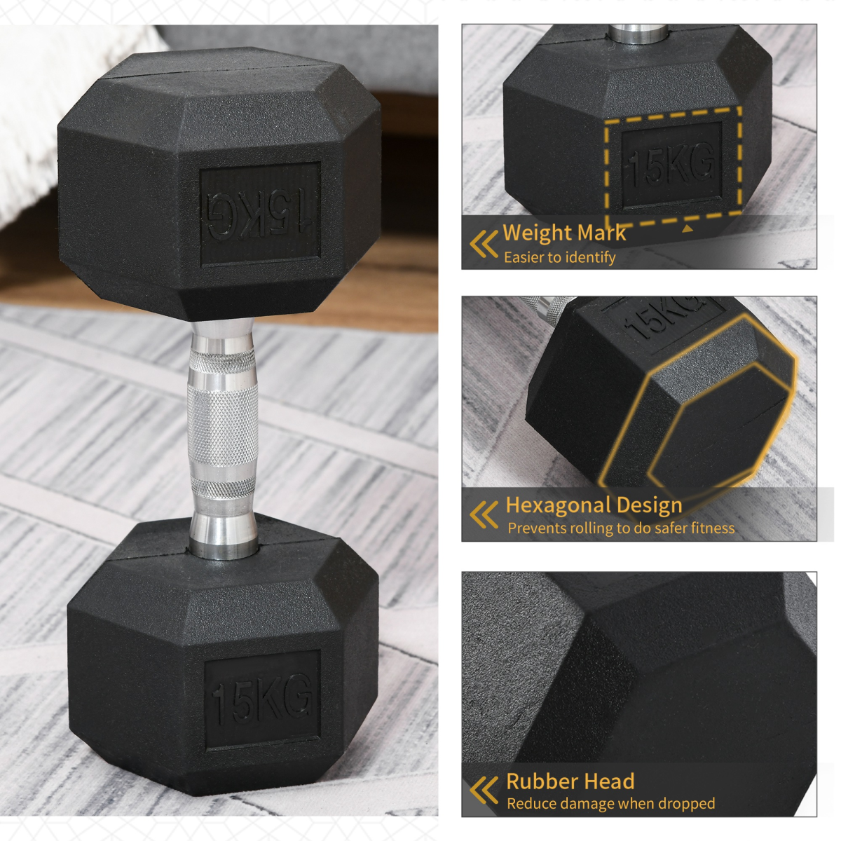 15KG Single Rubber Hex Dumbbell Portable Hand Weights Home Gym