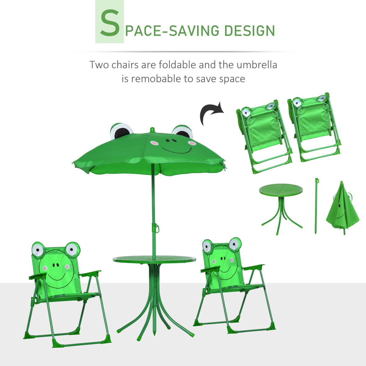 Foldable Patio Kids Metal Picnic Table with Frog Umbrella Green 4-piece