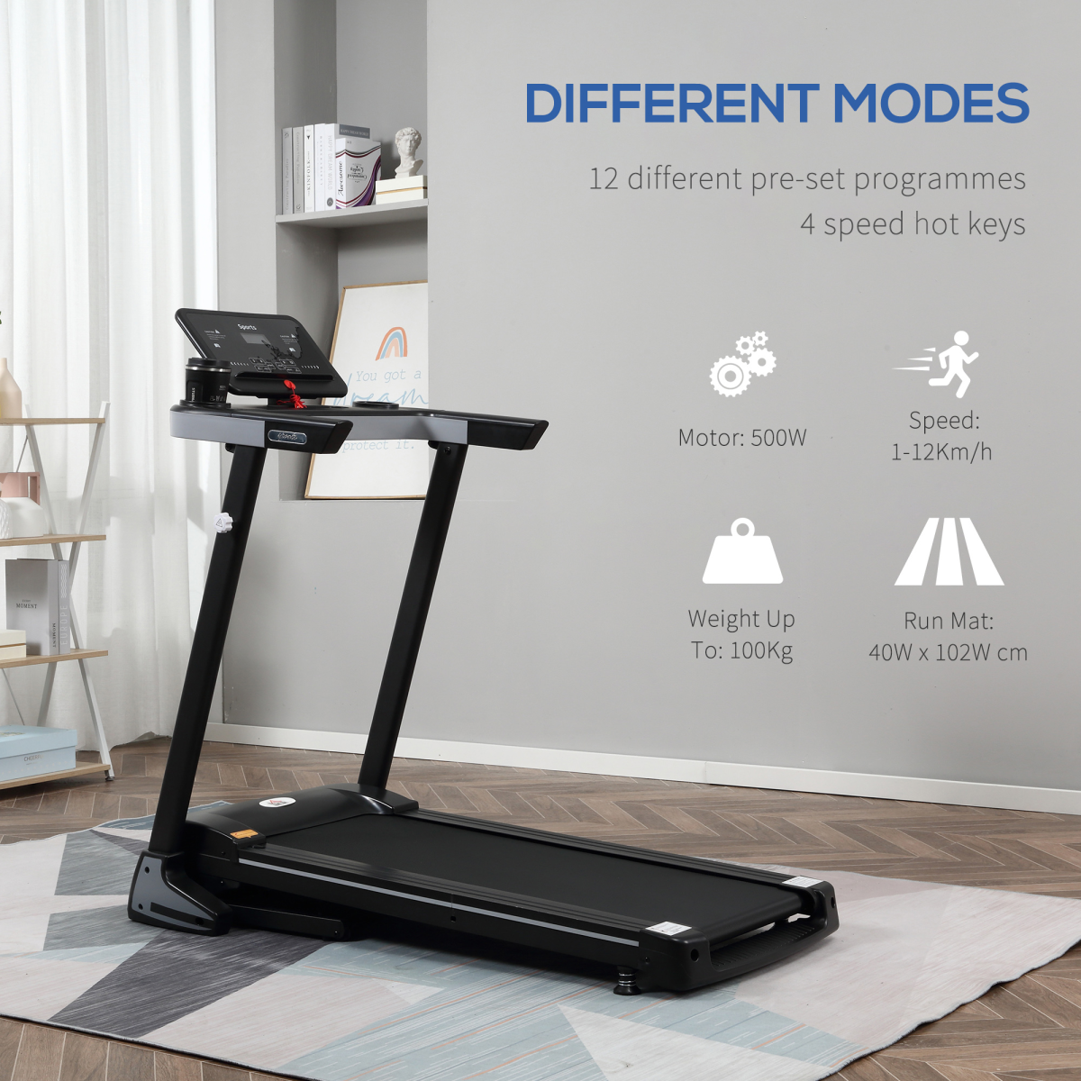 500W Motorised Treadmill 1-12km/h Folding Frame Wheels Preset Programs