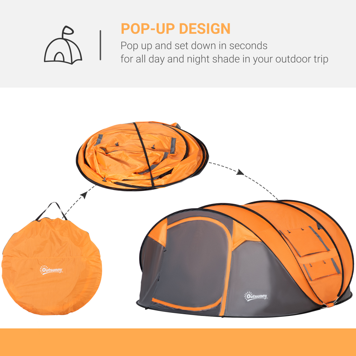 Camping Tent Dome Pop-up Tent with Windows for 4-5 Person Orange