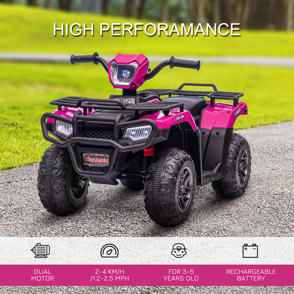 12V Electric Quad Bike for Kids with LED Headlights, Music - Pink