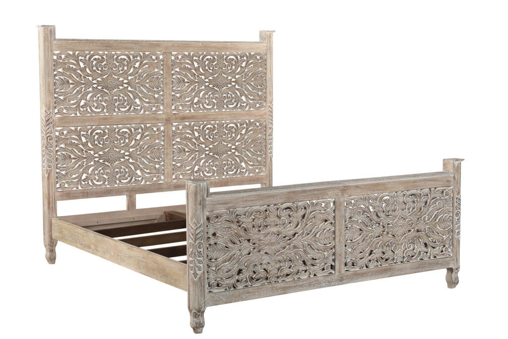 Carved Solid Wood King Gray Bed-0