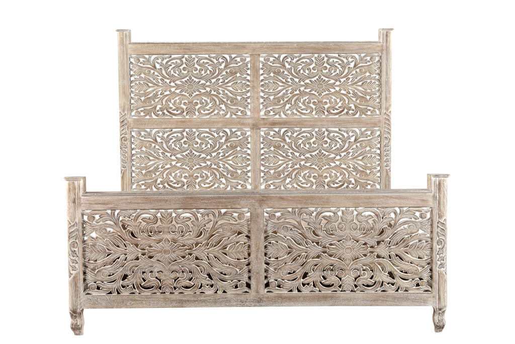 Carved Solid Wood King Gray Bed-1