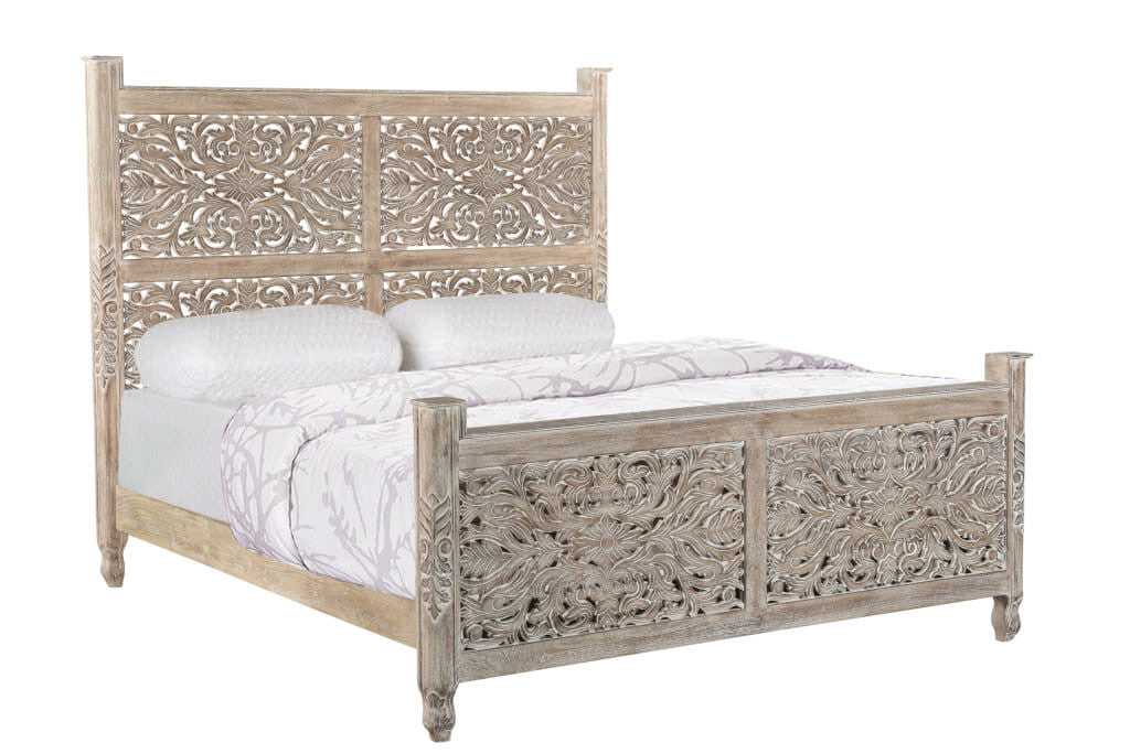 Carved Solid Wood King Gray Bed-3