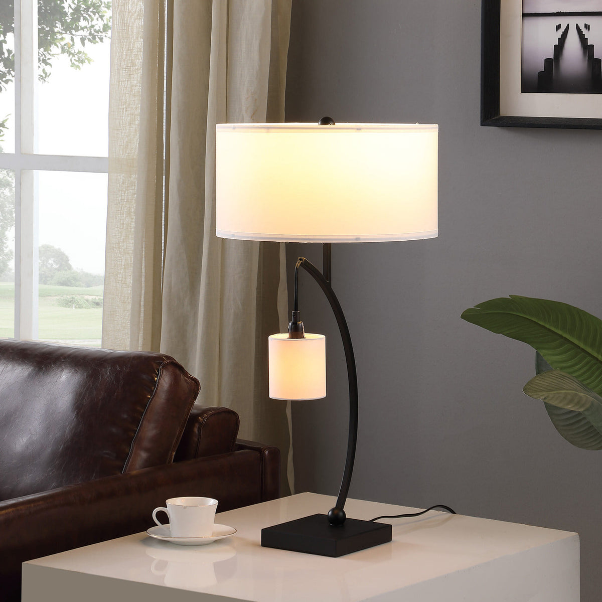 29" Black Metal Two Light Arched Table Lamp With White Drum Shade-1