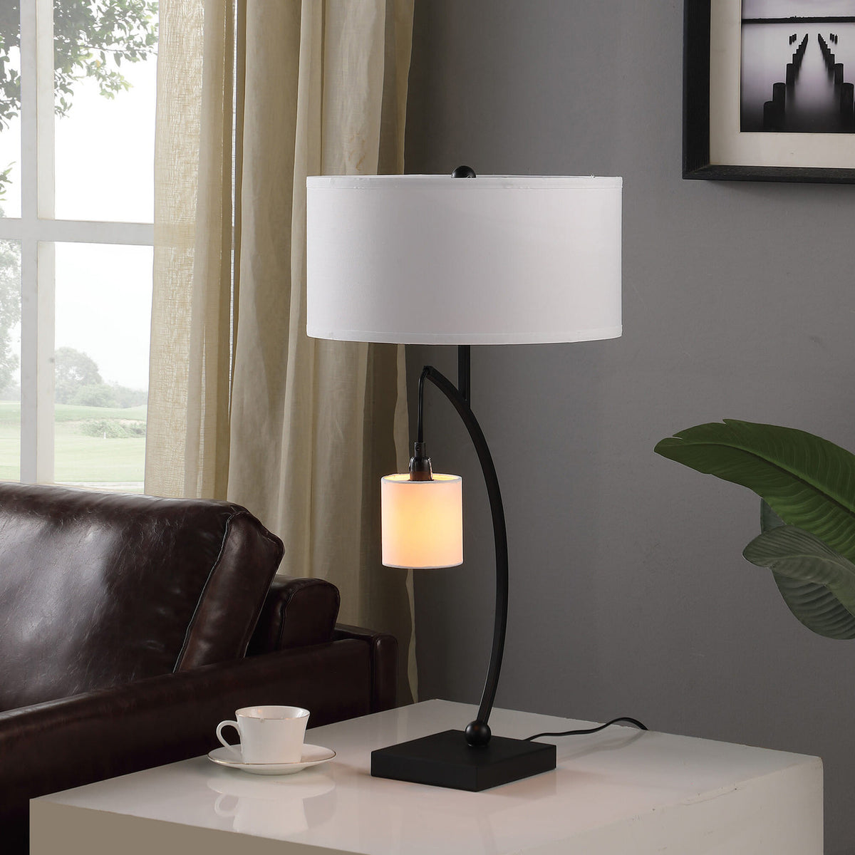 29" Black Metal Two Light Arched Table Lamp With White Drum Shade-2