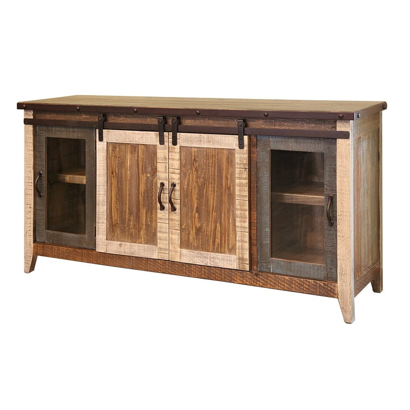 70" Brown Solid Wood Cabinet Enclosed Storage Distressed TV Stand-0