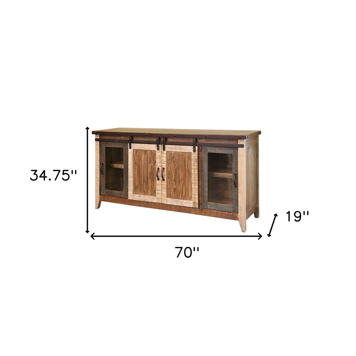 70" Brown Solid Wood Cabinet Enclosed Storage Distressed TV Stand-3