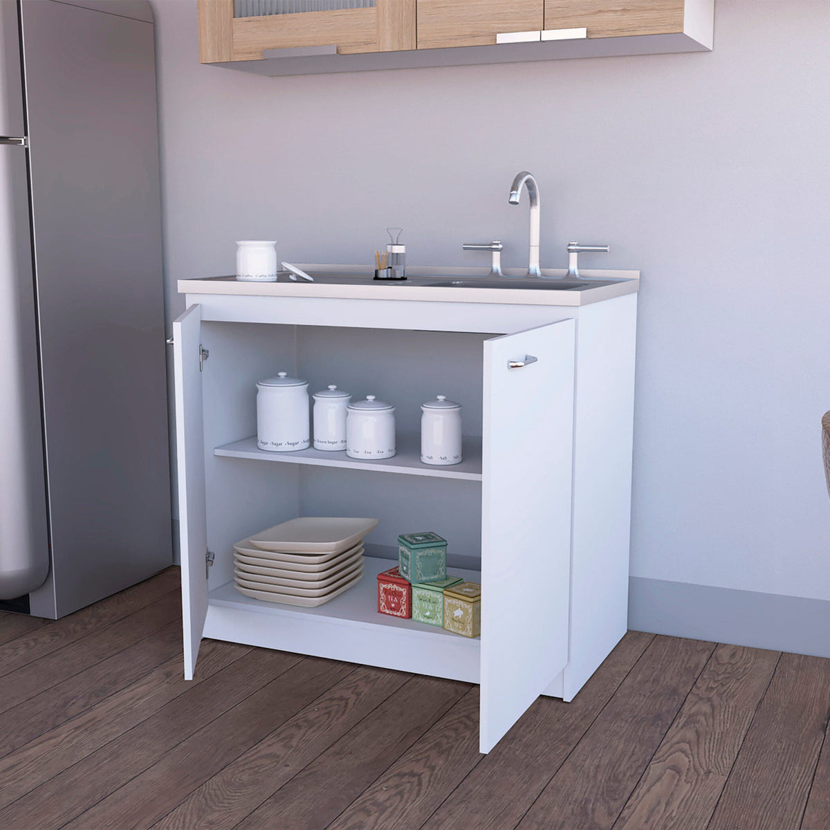 39" White Stainless Steel Accent Cabinet With Two Shelves-3