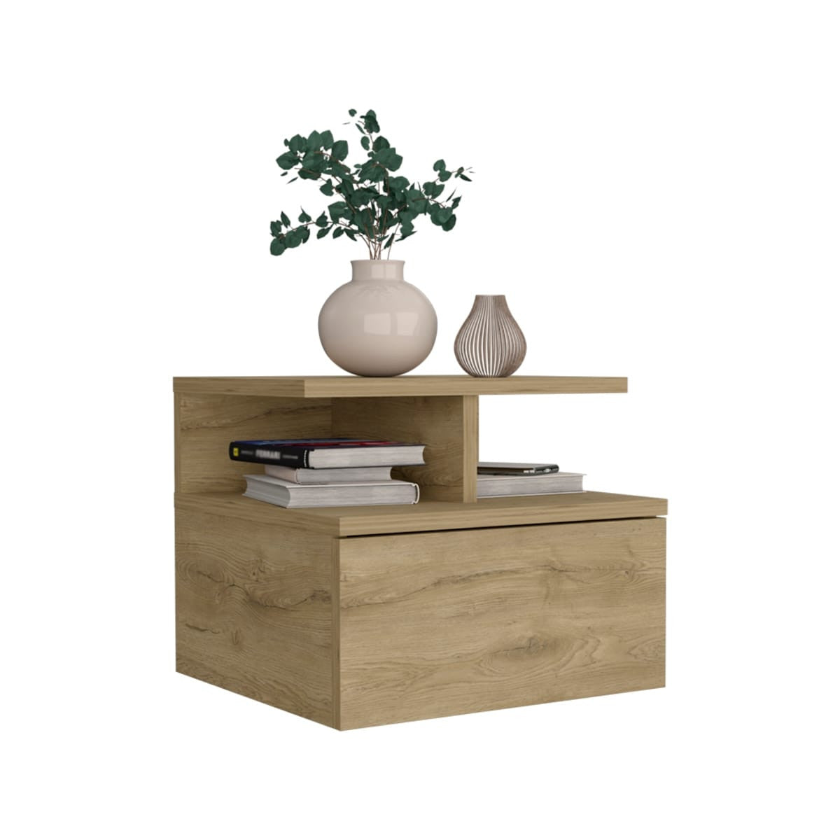 12" Beige One Drawer Faux Wood Floating Nightstand-0