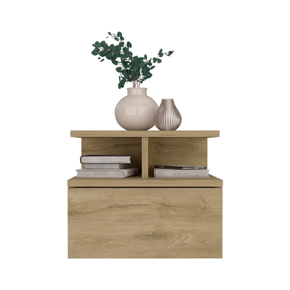 12" Beige One Drawer Faux Wood Floating Nightstand-1