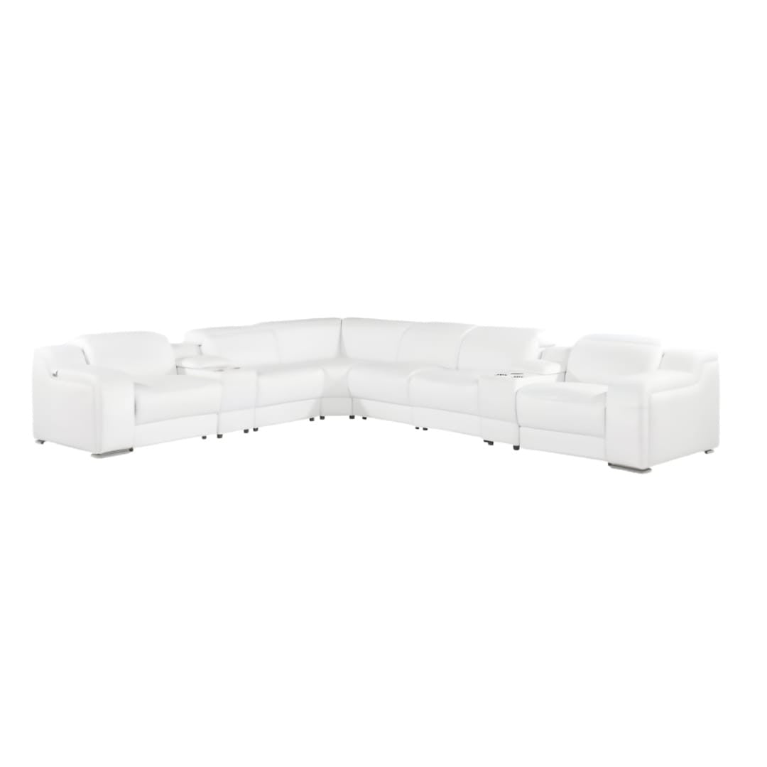 White Italian Leather 4 Power Reclining L Shaped Eight Piece Corner Sectional With Console-0