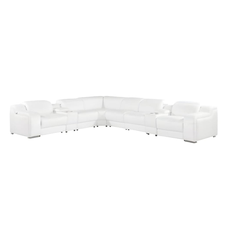 White Italian Leather 4 Power Reclining L Shaped Eight Piece Corner Sectional With Console-0