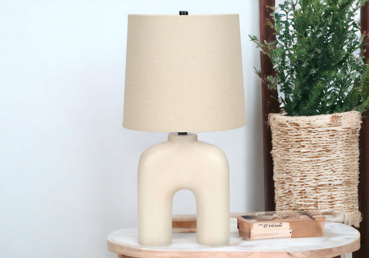 25" Cream Geometric Table Lamp With Beige Empire Shade-0
