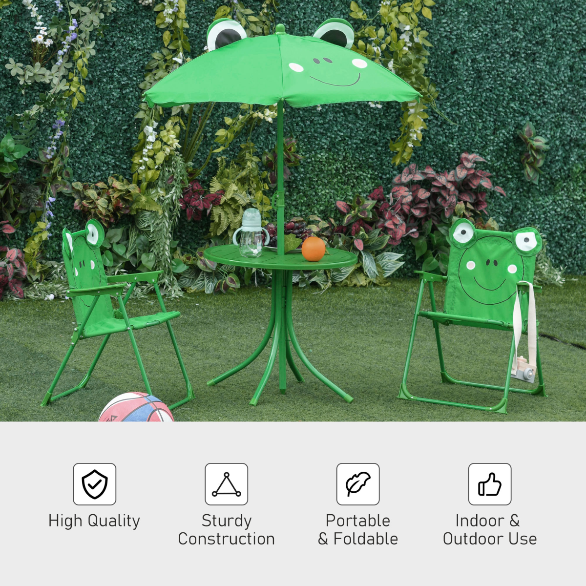 Foldable Patio Kids Metal Picnic Table with Frog Umbrella Green 4-piece