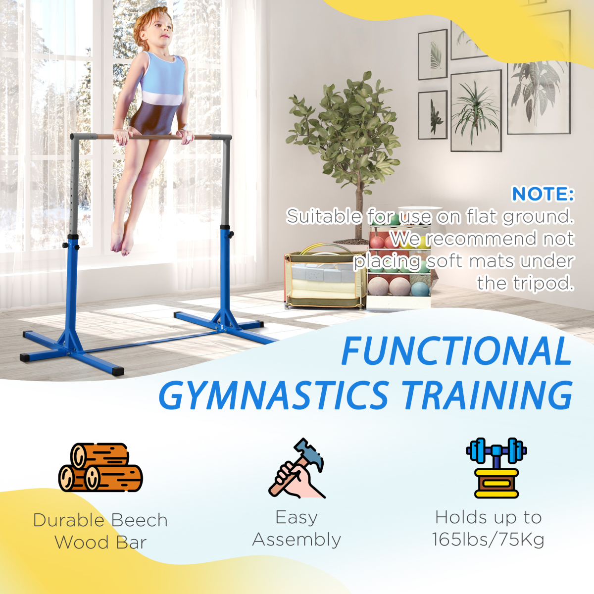 Adjustable Kids Gymnastics Bar Horizontal Training with Steel Frame Wood Bar