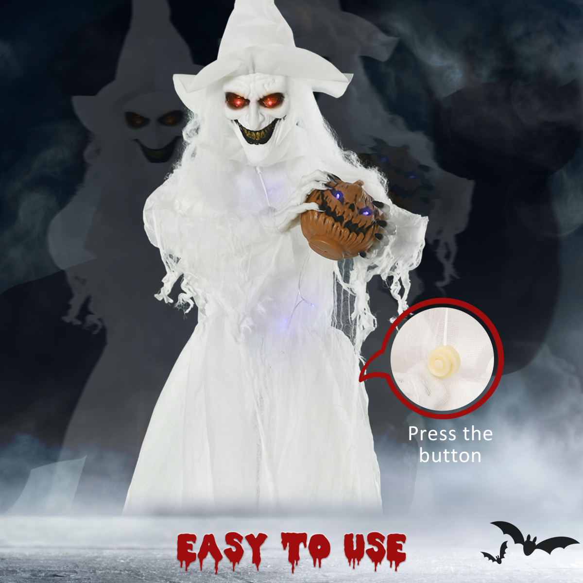 72 Inch Halloween White Witch Holding Pumpkin Skeleton Ghost Motion