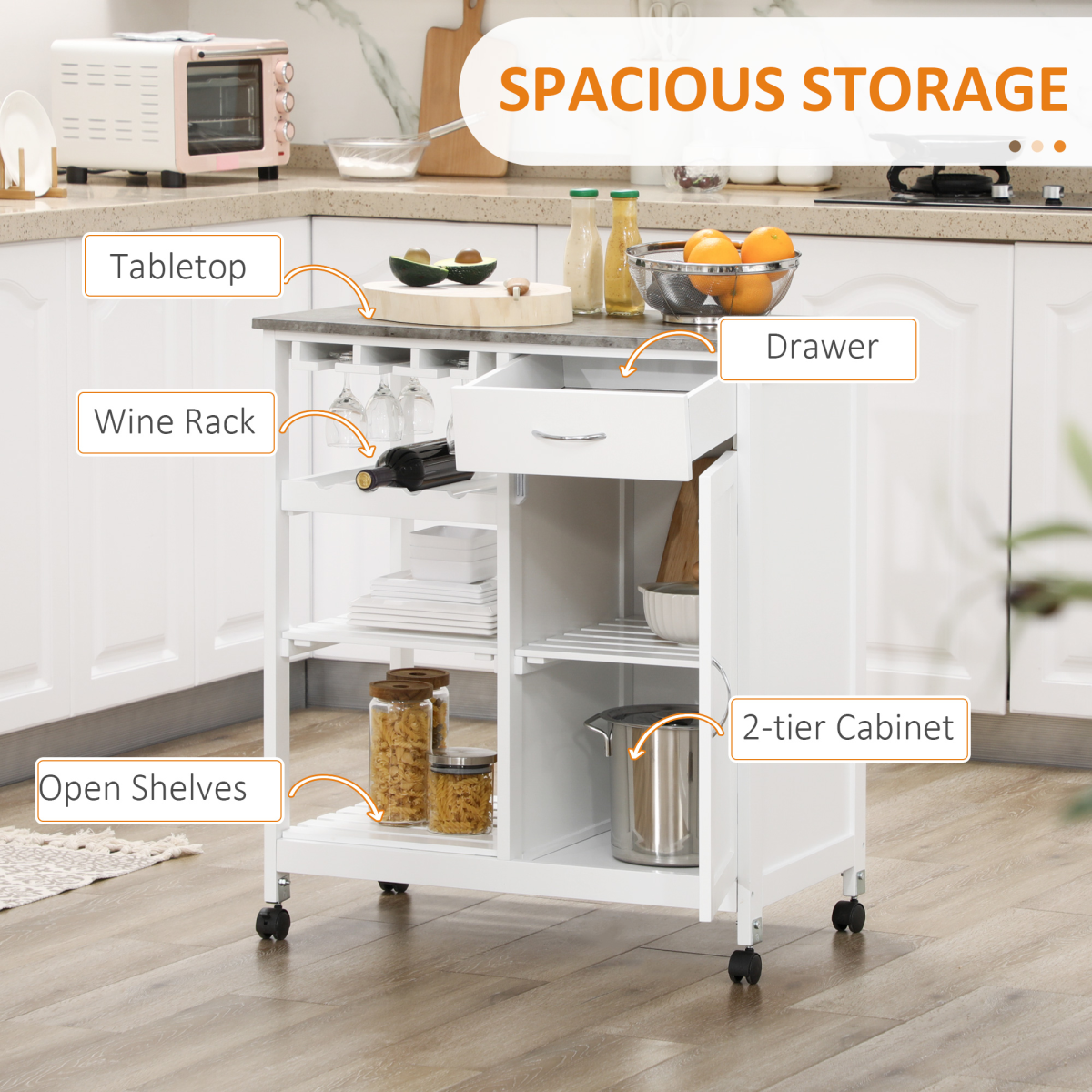 Kitchen Trolley Utility Cart on Wheels with Wine Rack, Drawer, Open Shelf