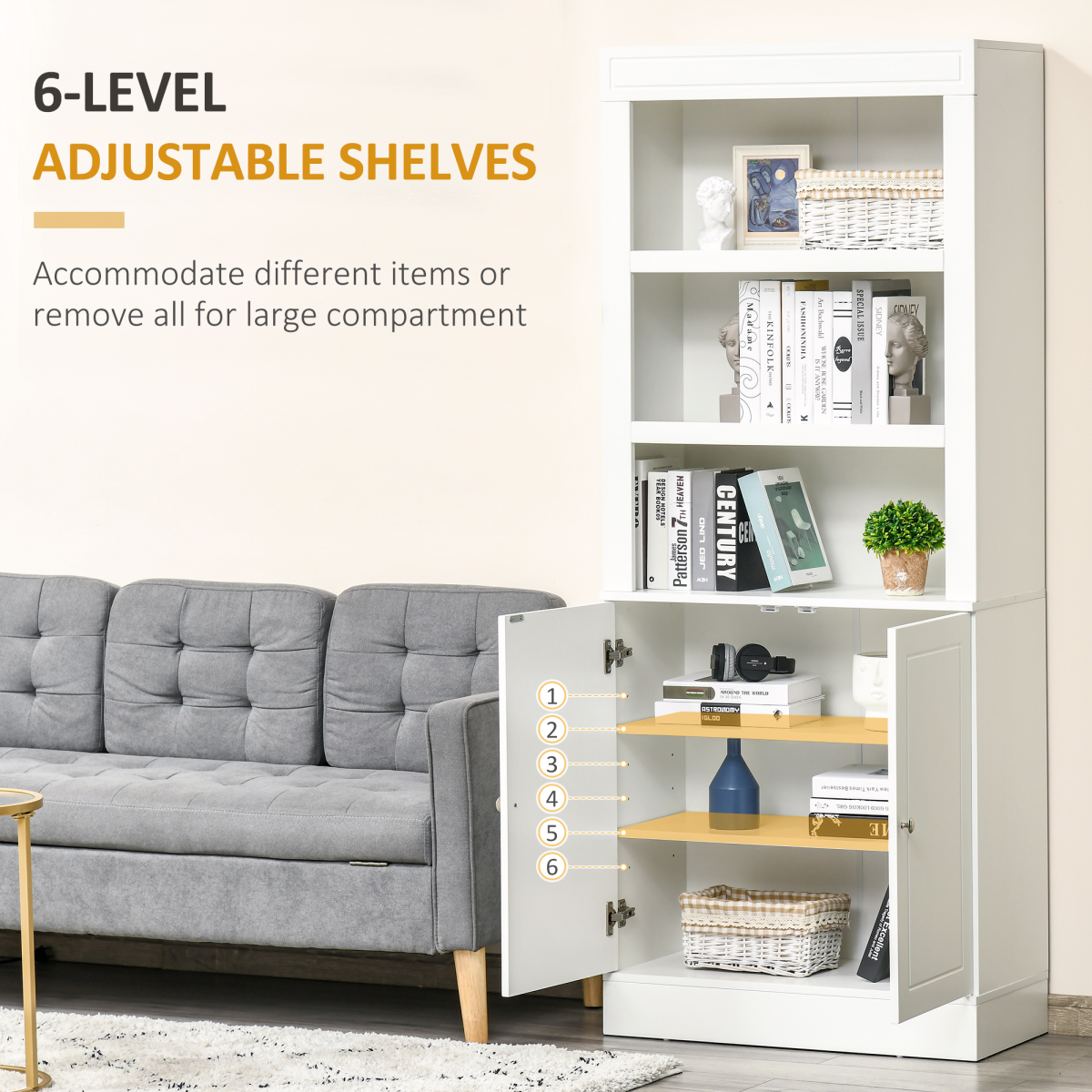 Kitchen Cupboard with 6-tier Shelving, Sideboard Double-door , White