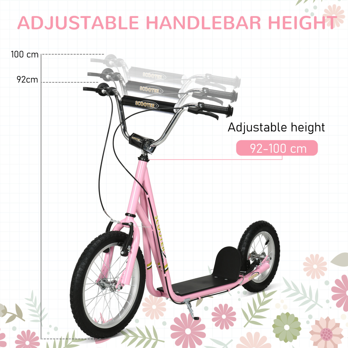 Teen Scooter Adjustable Height Dual Brakes Rubber Wheels Kickstand