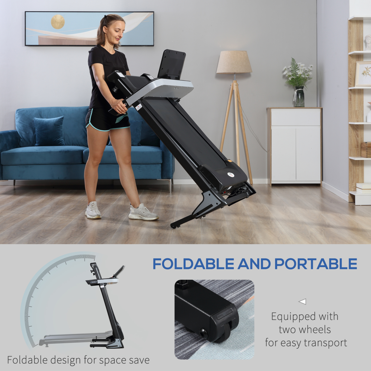 500W Motorised Treadmill 1-12km/h Folding Frame Wheels Preset Programs
