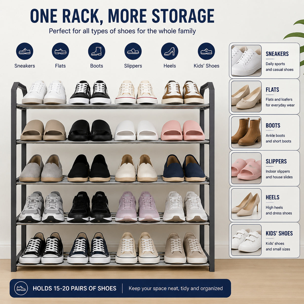 Shoe Rack 5 Tier, Metal Storage Organiser Stand Holds Up to 20 Pairs image 5