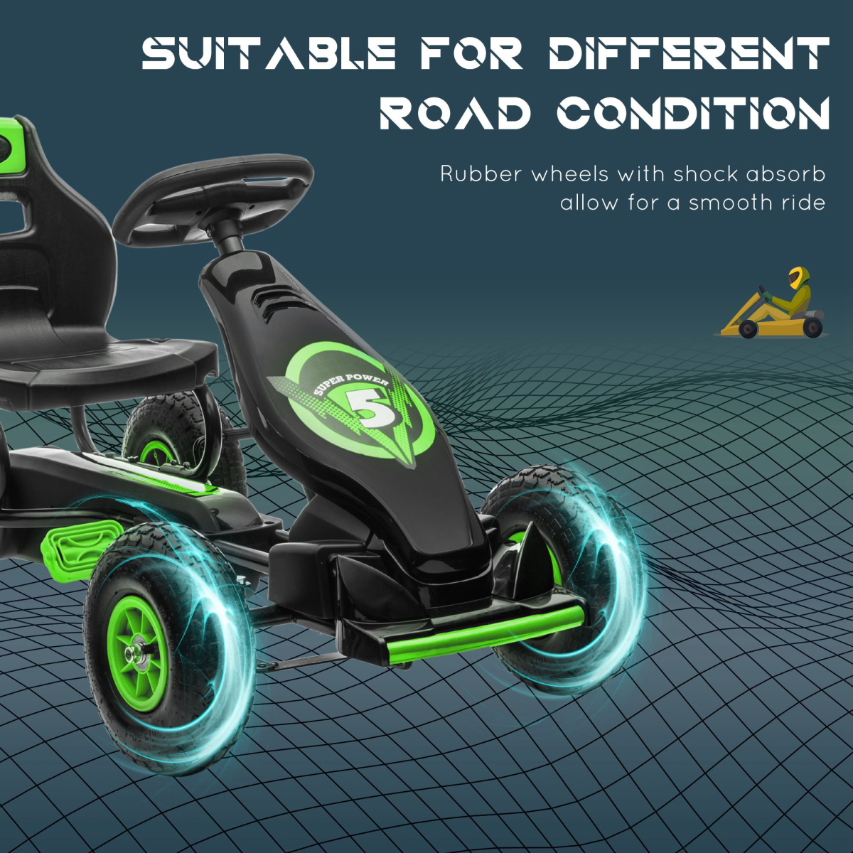 Children Pedal Go Kart with Adjustable Seat, Rubber Wheels, Brake - Green