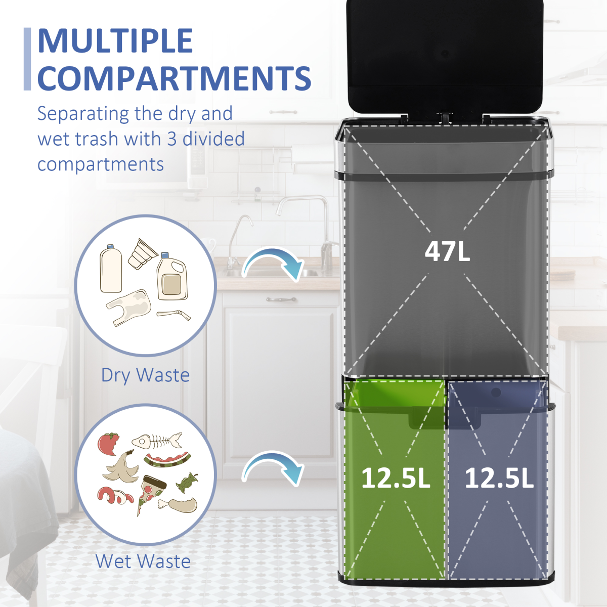 Motion Sensor Rubbish Bin, 3 Compartments Removable Lid Stainless Steel