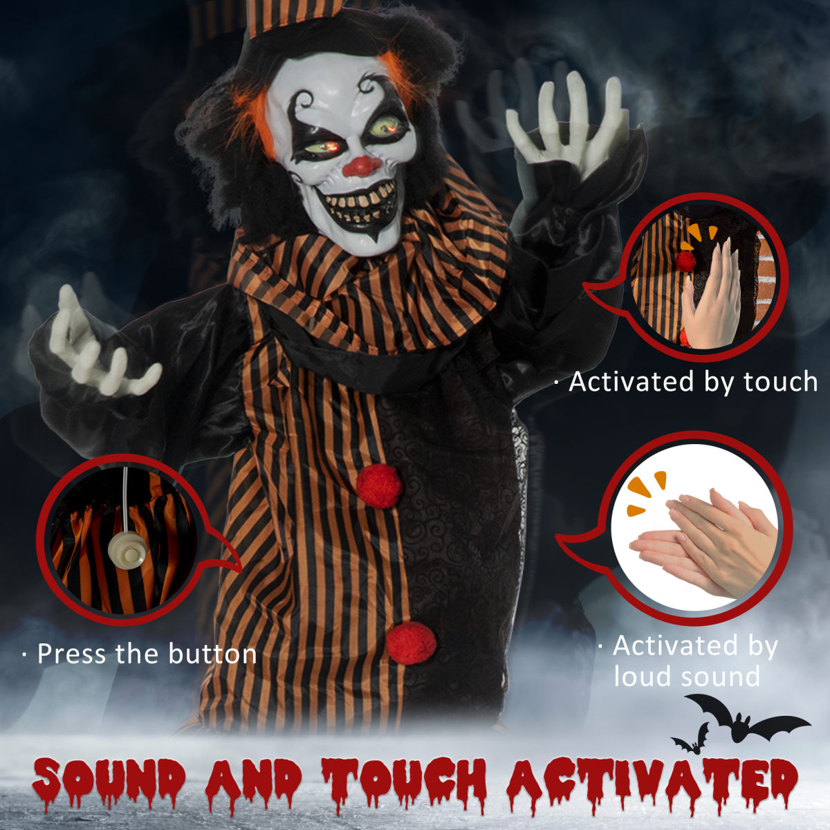 67 Inch Life Size Outdoor Halloween Talking Circus Clown Light Up Eyes