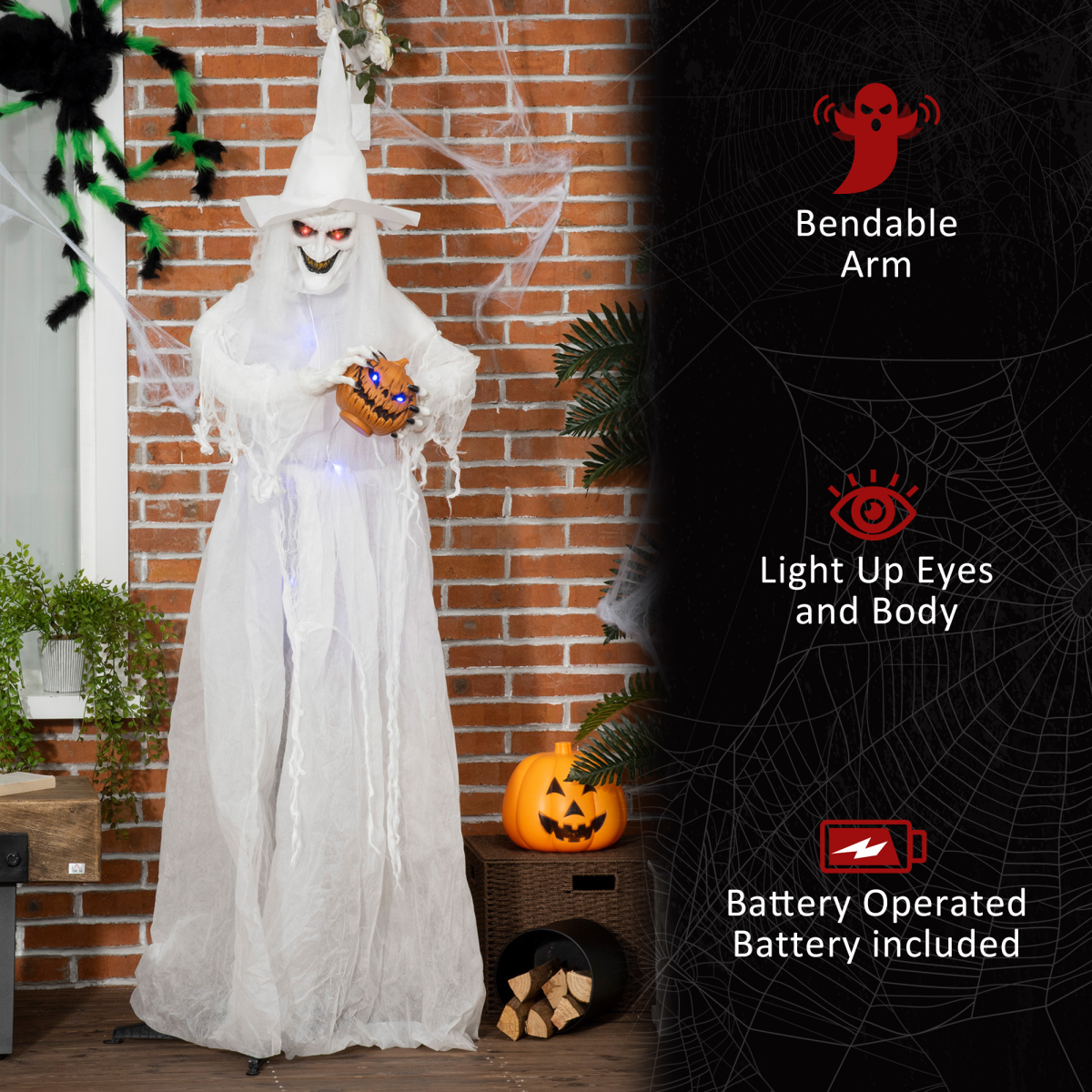 72 Inch Halloween White Witch Holding Pumpkin Skeleton Ghost Motion