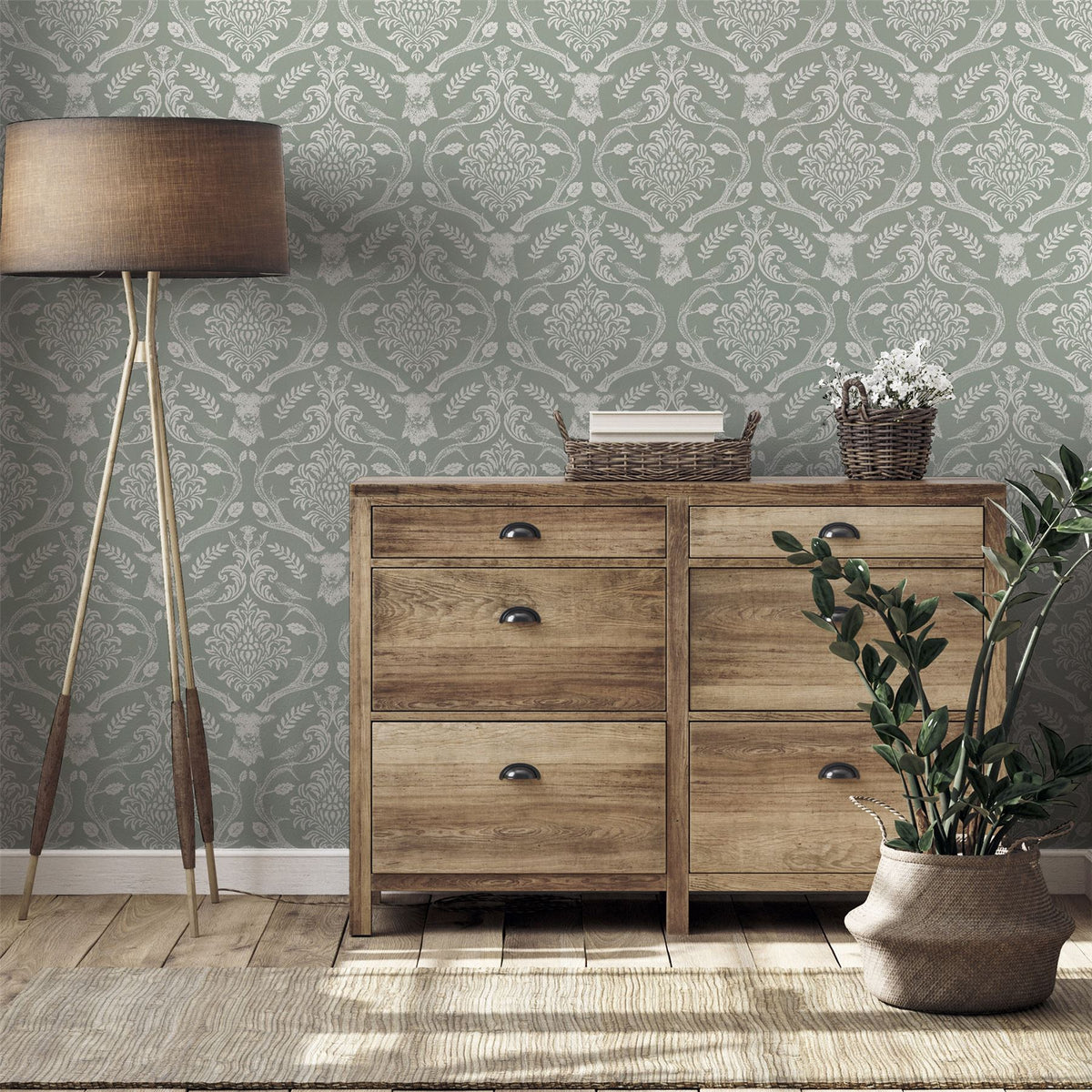 Stag Damask Sage Green Wallpaper image 2