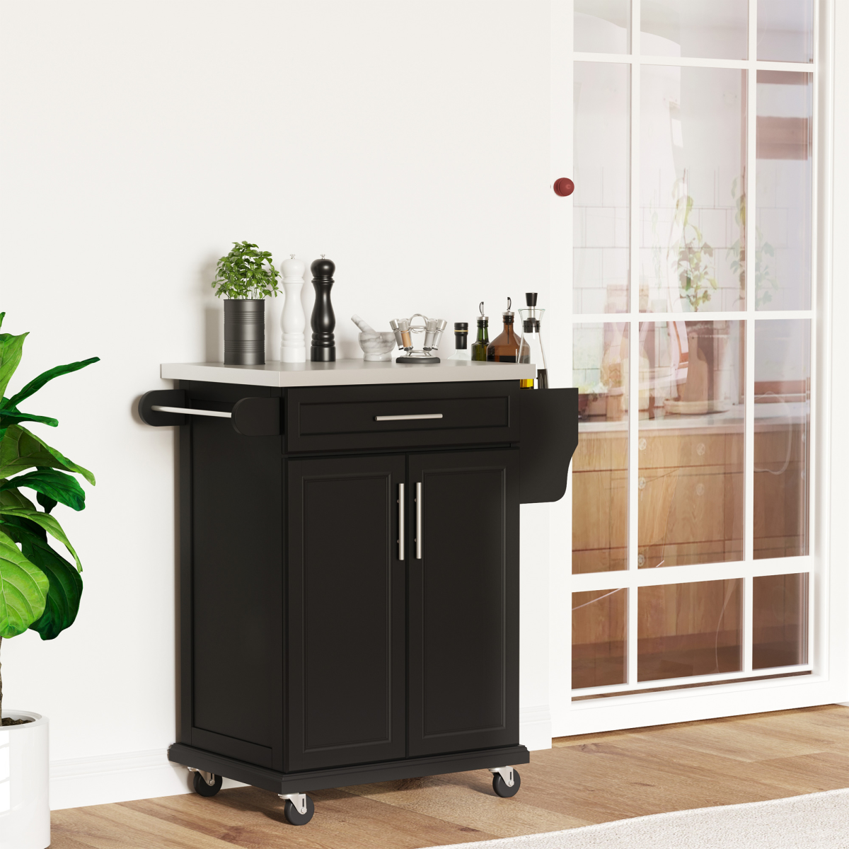 Rolling Kitchen Cart Storage Trolley with Drawer Towel Rail Steel Black