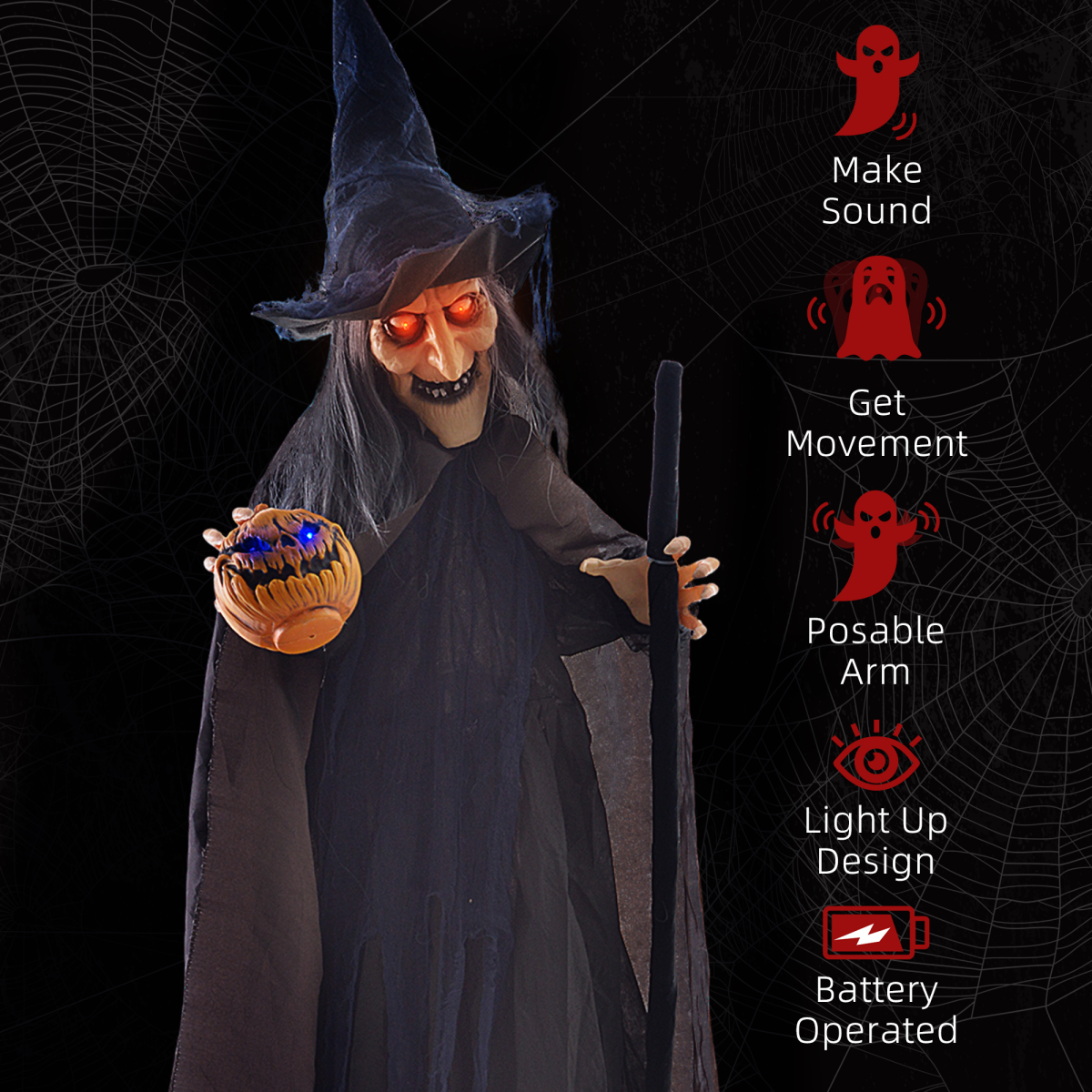 Halloween Witch with Broomstick Animatronic Prop with Light Up Eyes