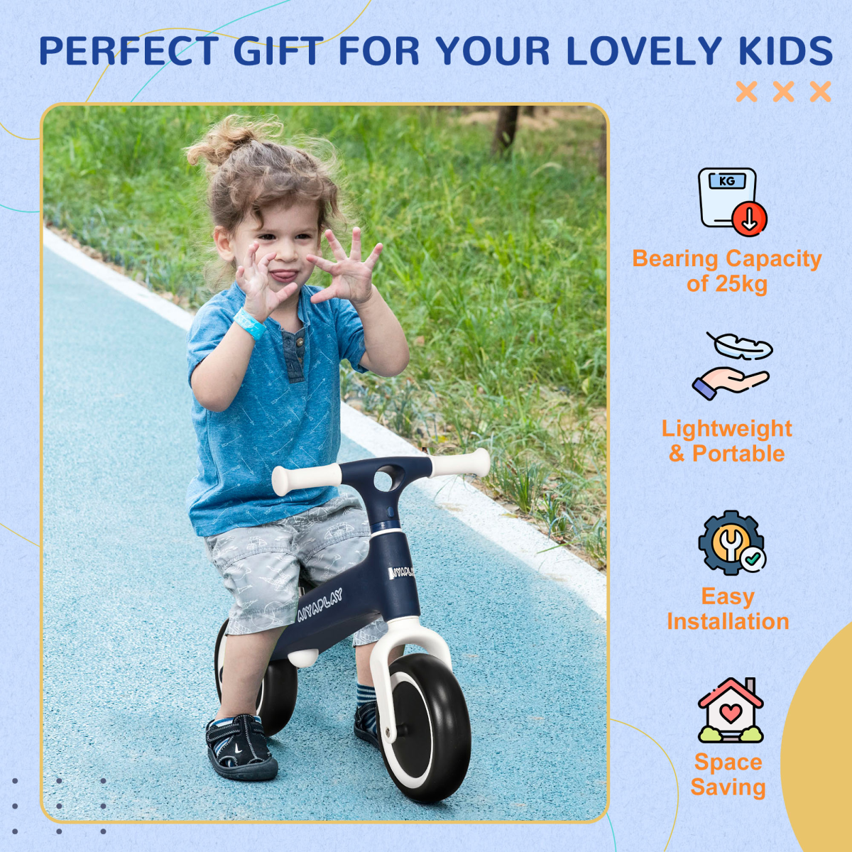 Baby Balance Bike, Children Bike Adjustable Seat, Wide Wheels - Blue