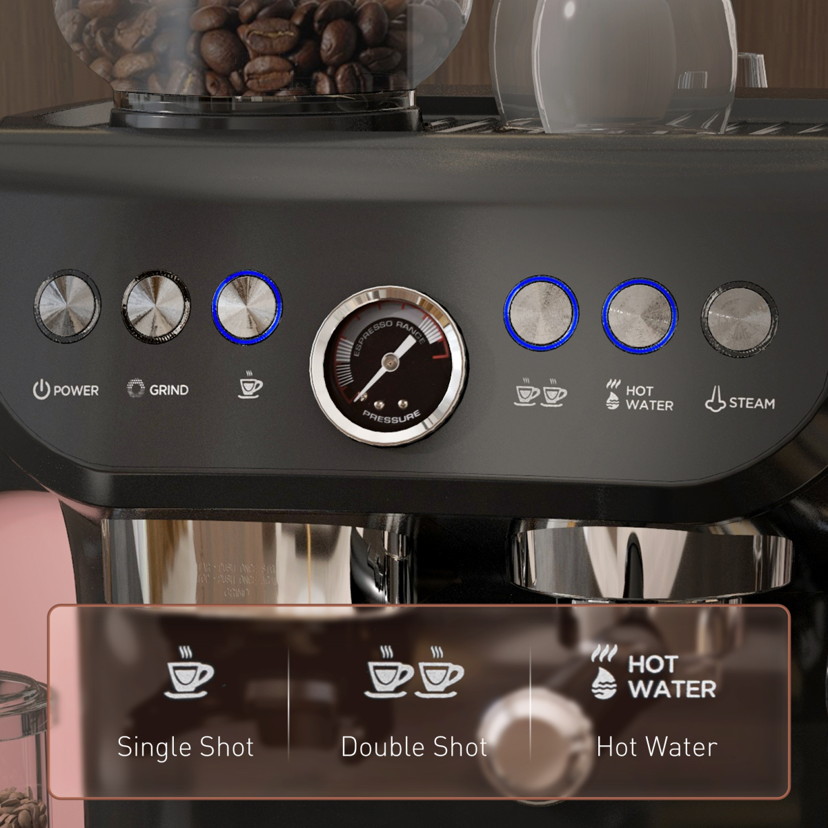 Espresso Coffee Machine w/ Integrated Bean Grinder and Steam Wand 15 Bar