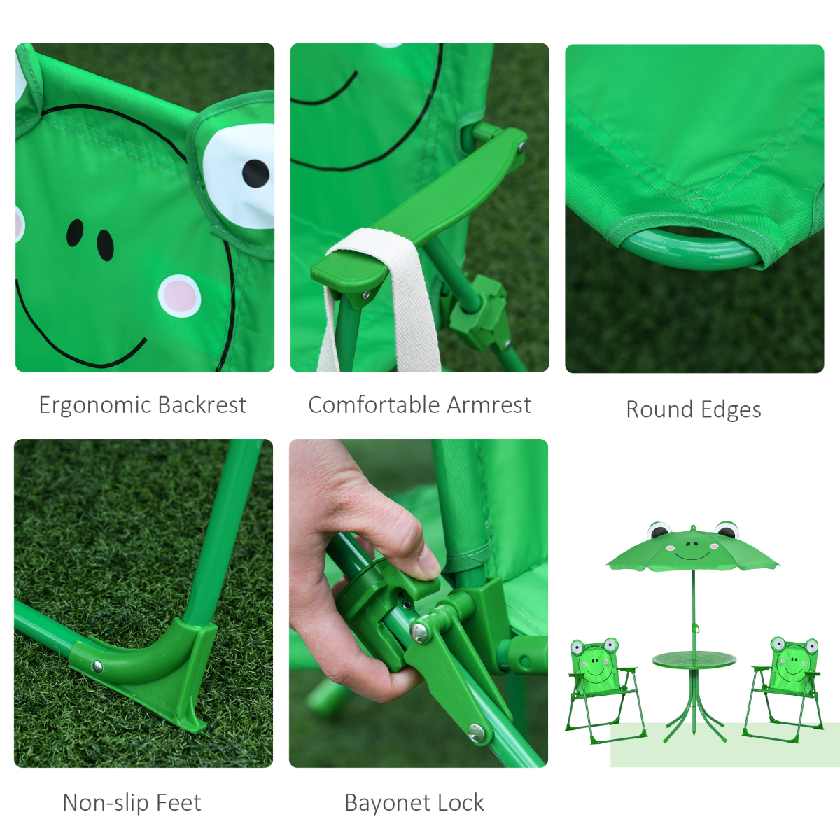 Foldable Patio Kids Metal Picnic Table with Frog Umbrella Green 4-piece