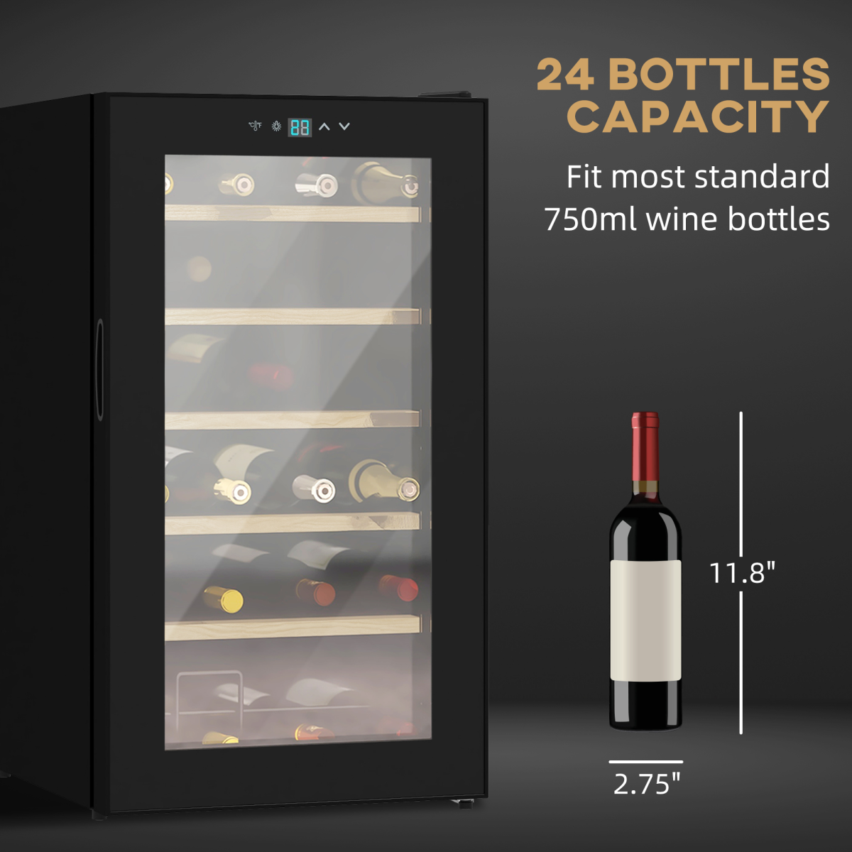 24 Bottles Wine Fridge with Glass Door Digital Touch Screen Control LED