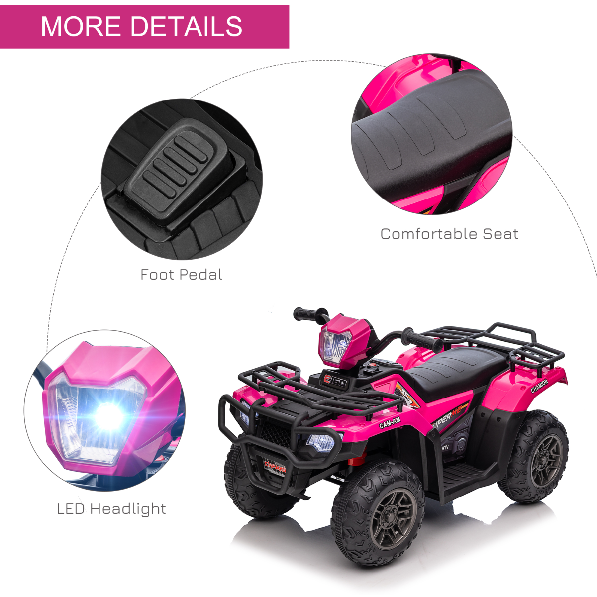12V Electric Quad Bike for Kids with LED Headlights, Music - Pink